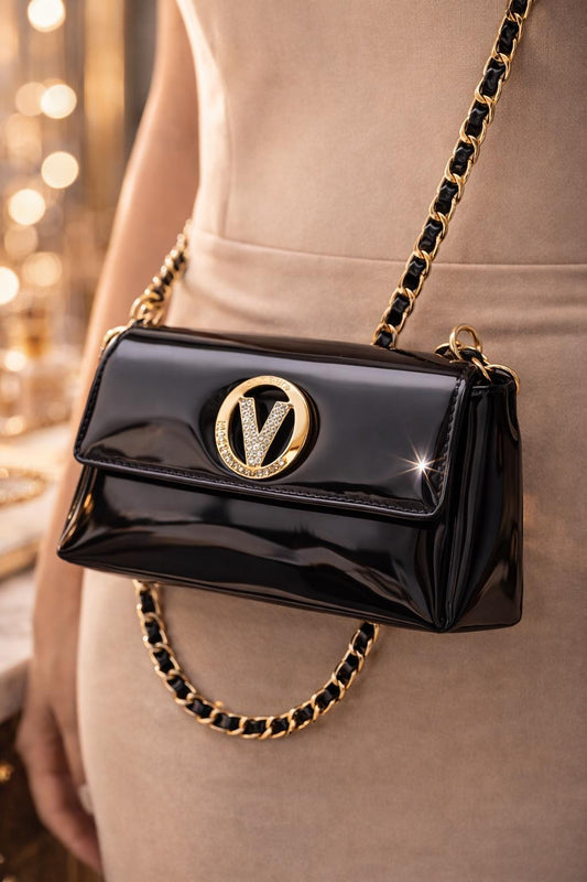 Black Patent Leather Evening Clutch, Gold Chain Crossbody, Crystal V Clasp Purse