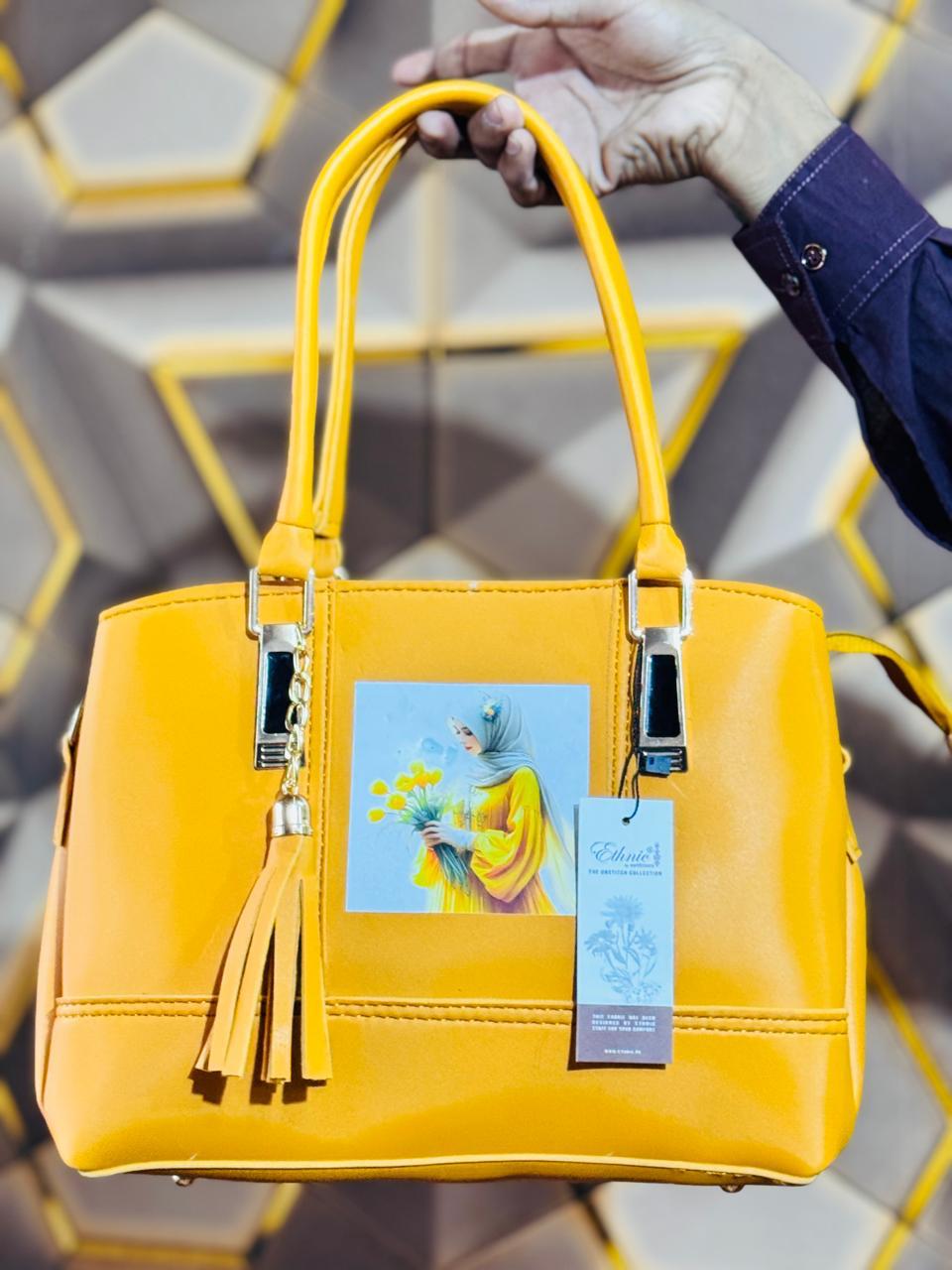 Yellow Stylish Handbag for Women – Trendy Shoulder Bag with Tassel & Floral Print