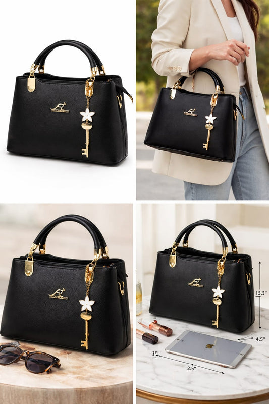Faux Leather Top Handle Handbag With Elegant Key Charm Purse - Lace & Luxe