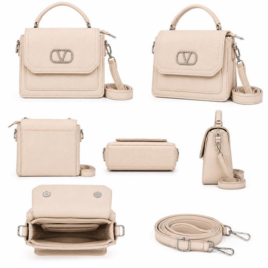 White Crystal V Logo Top Handle Bag, Structured Evening Purse with Strap