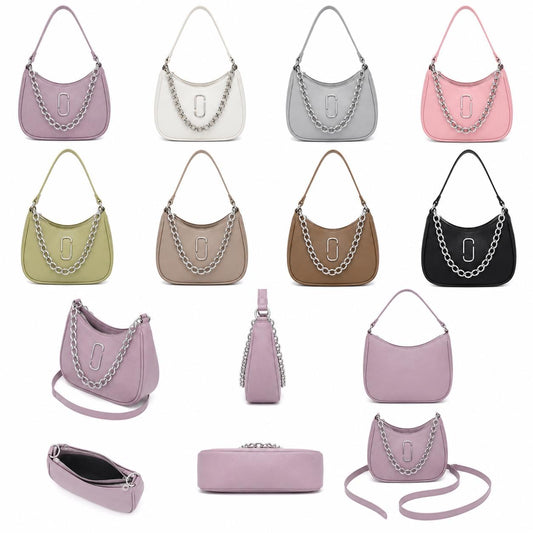 Crescent Moon Shoulder Bag, Chunky Silver Chain, Y2K Leatherette Purse