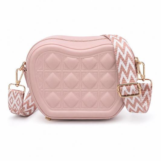 Quilted Heart-Shaped Crossbody Purse | White Vegan Leather Bag with Boho Strap