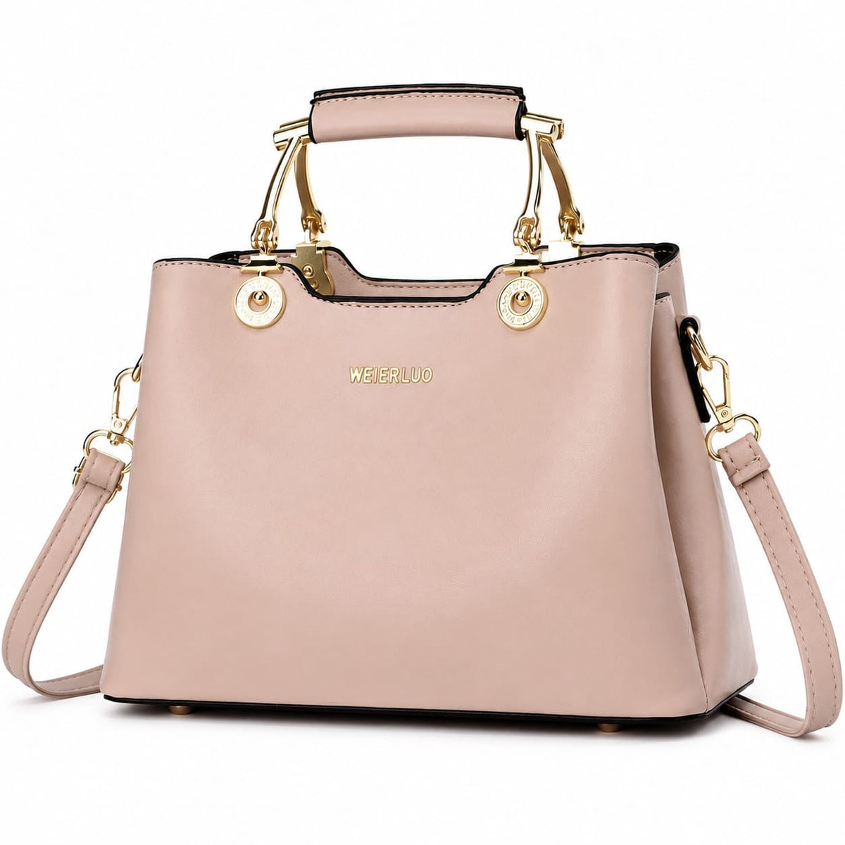 Blush pink vegan leather structured satchel handbag with gold hardware and top handle, featuring a crossbody strap for women.