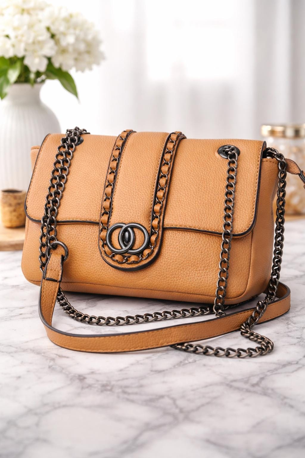 Leather Chain Shoulder Bag | Woven Chain Trim, Flap Crossbody Purse