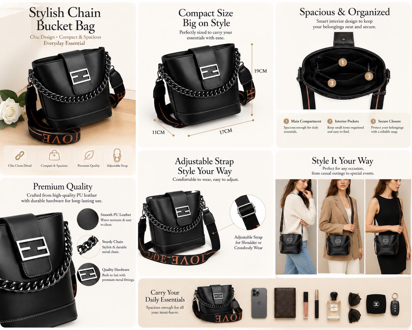 Genuine Leather Handbag | Everyday Shoulder Crossbody Bag Chic Chain Bucket Bag