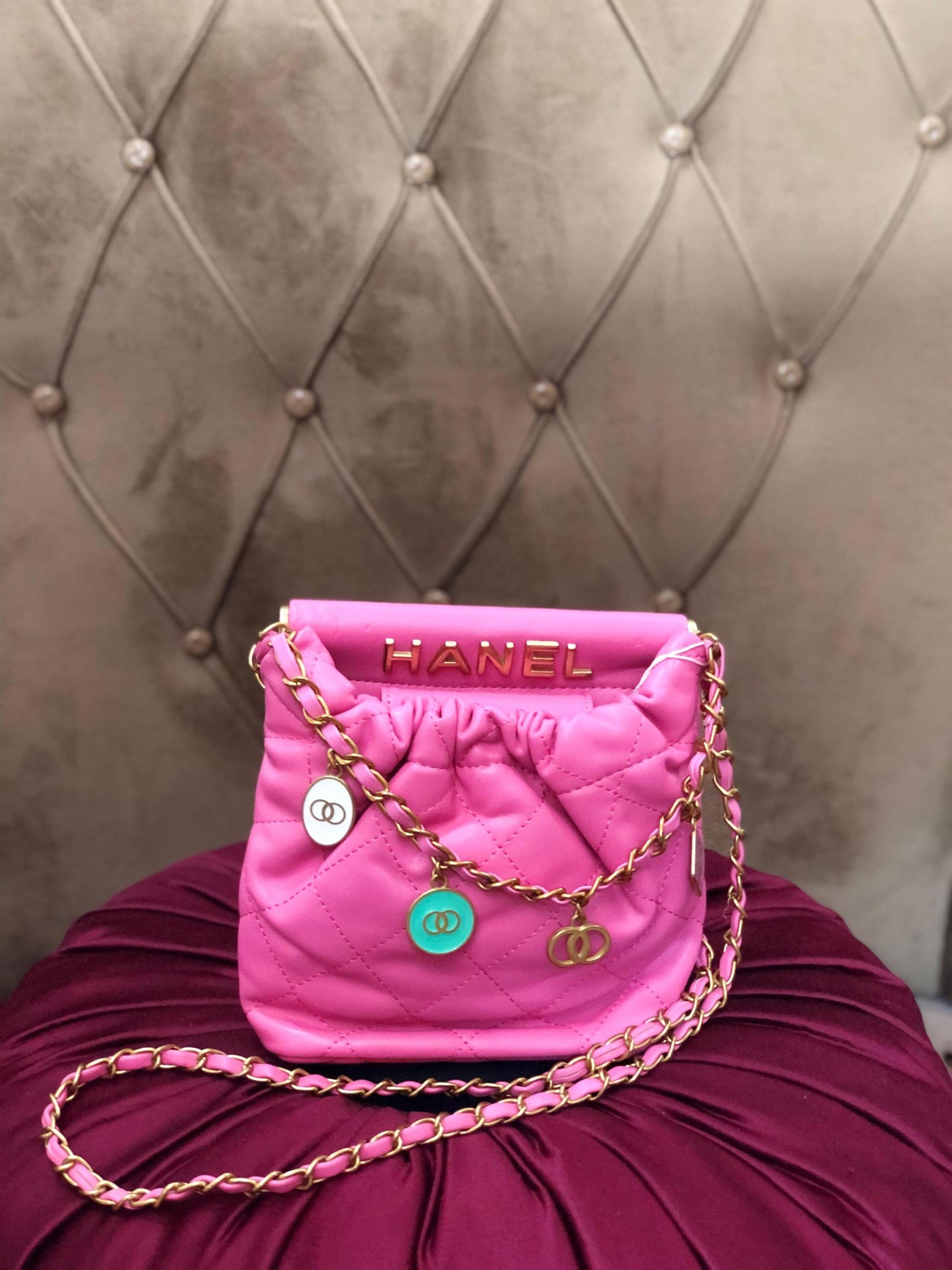 Hot Pink Quilted Faux Leather Crossbody Bag, Gold Chain Shoulder Purse