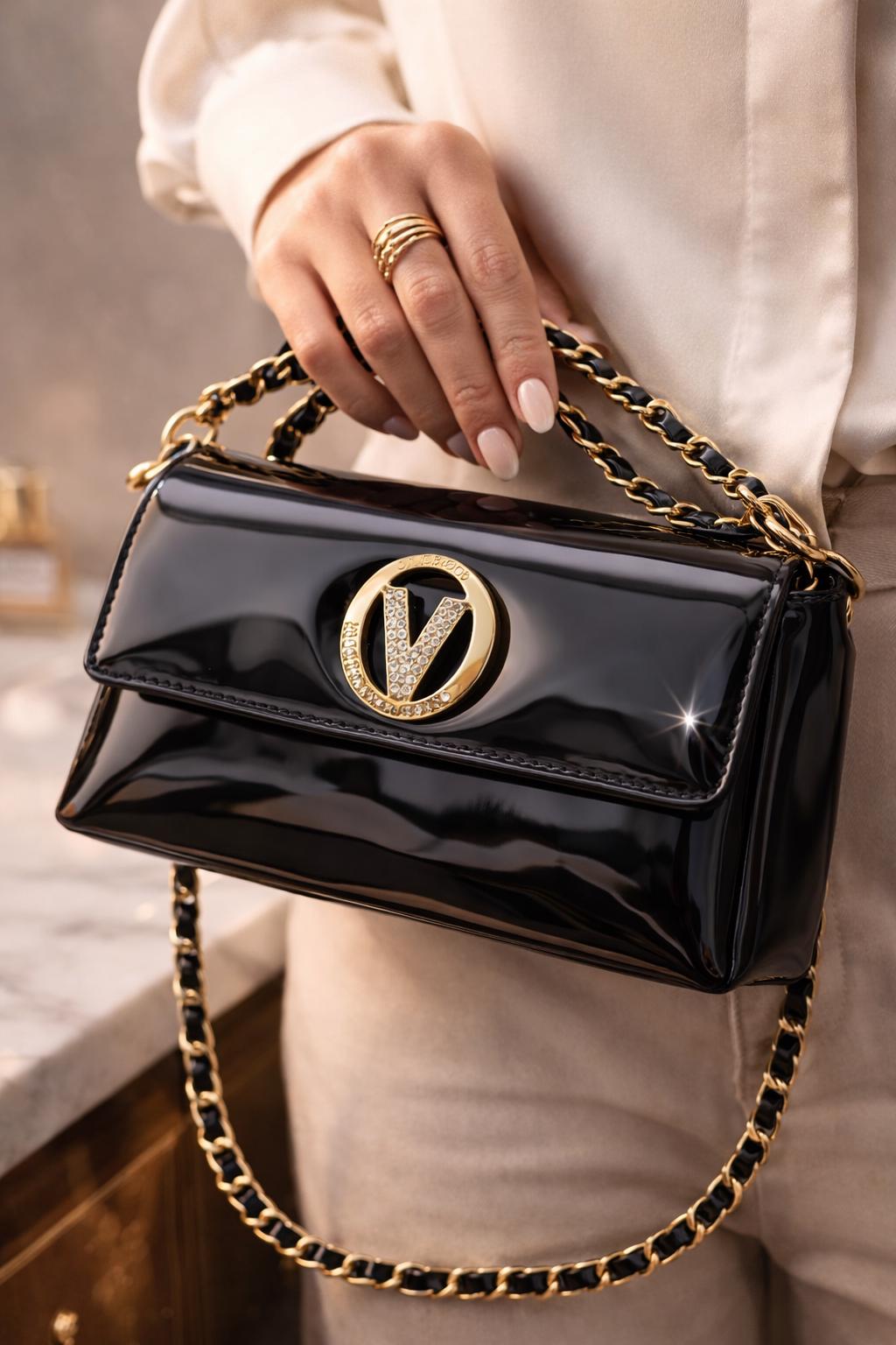 Black Patent Leather Evening Clutch, Gold Chain Crossbody, Crystal V Clasp Purse