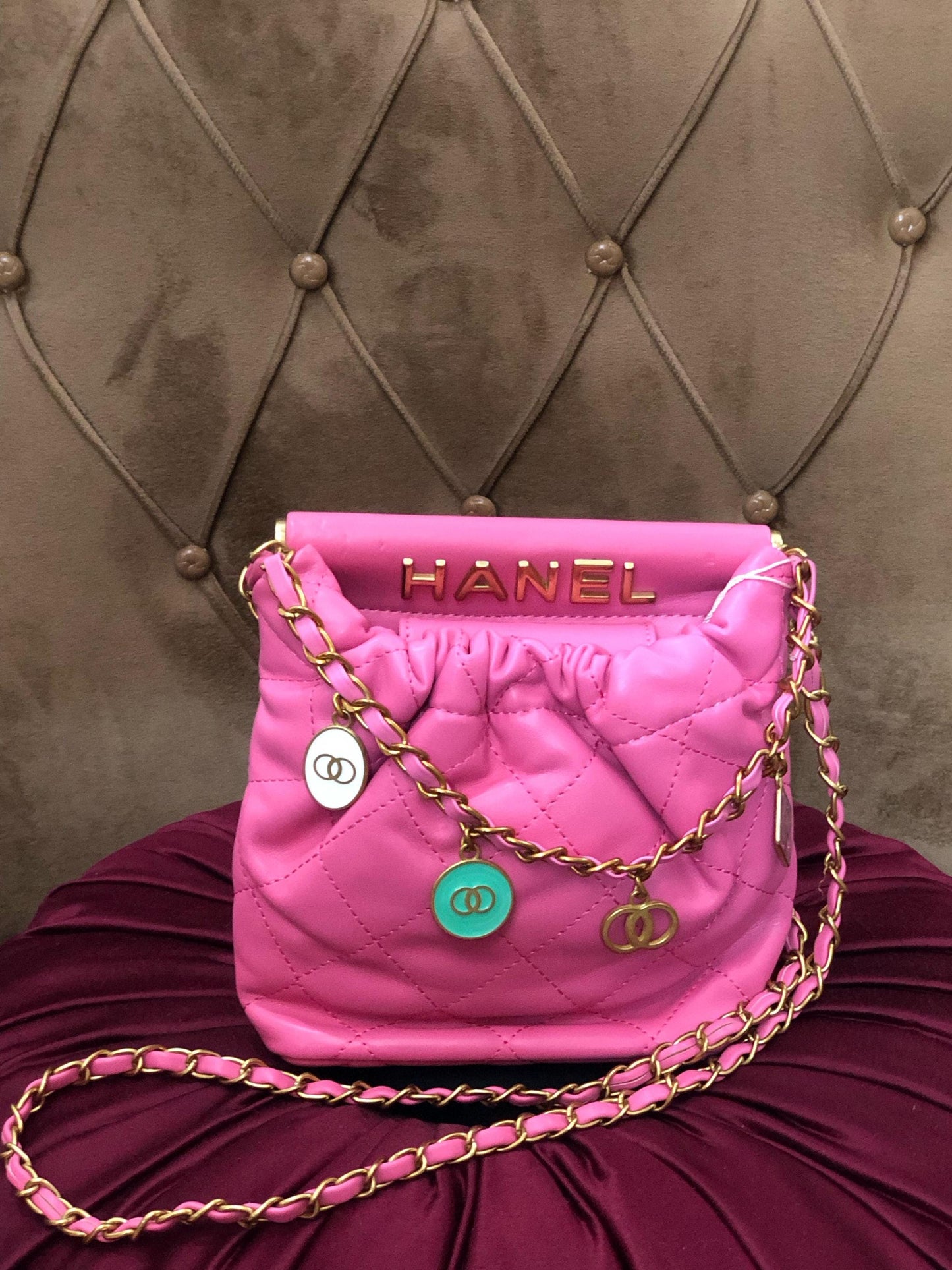 Hot Pink Quilted Faux Leather Crossbody Bag, Gold Chain Shoulder Purse