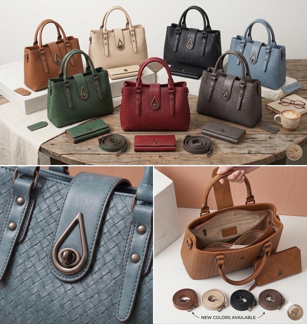 Lace & Luxe woven vegan leather satchel handbag set with wallet, top handle, crossbody strap, and tote for stylish everyday use.