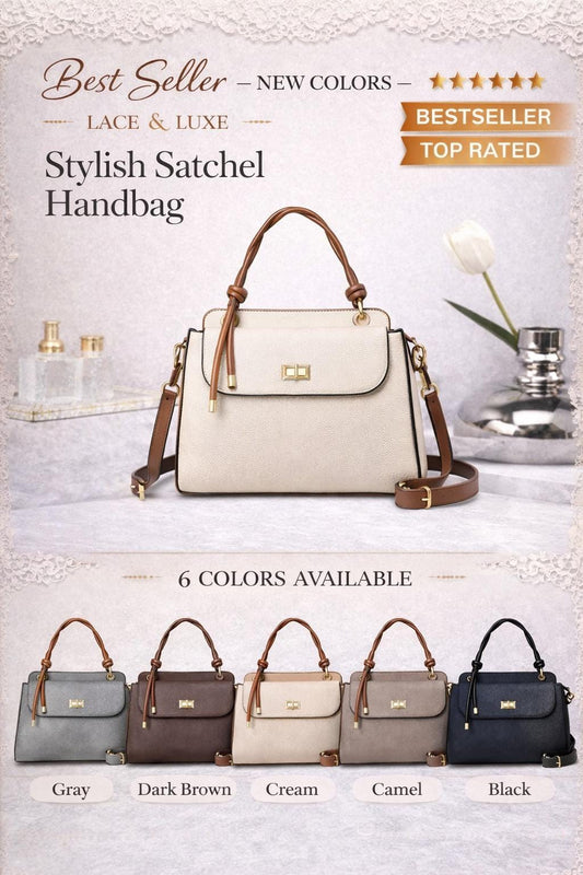 Lace & Luxe pebbled leather handbag with structured top handle and crossbody strap, stylish women's purse in black.