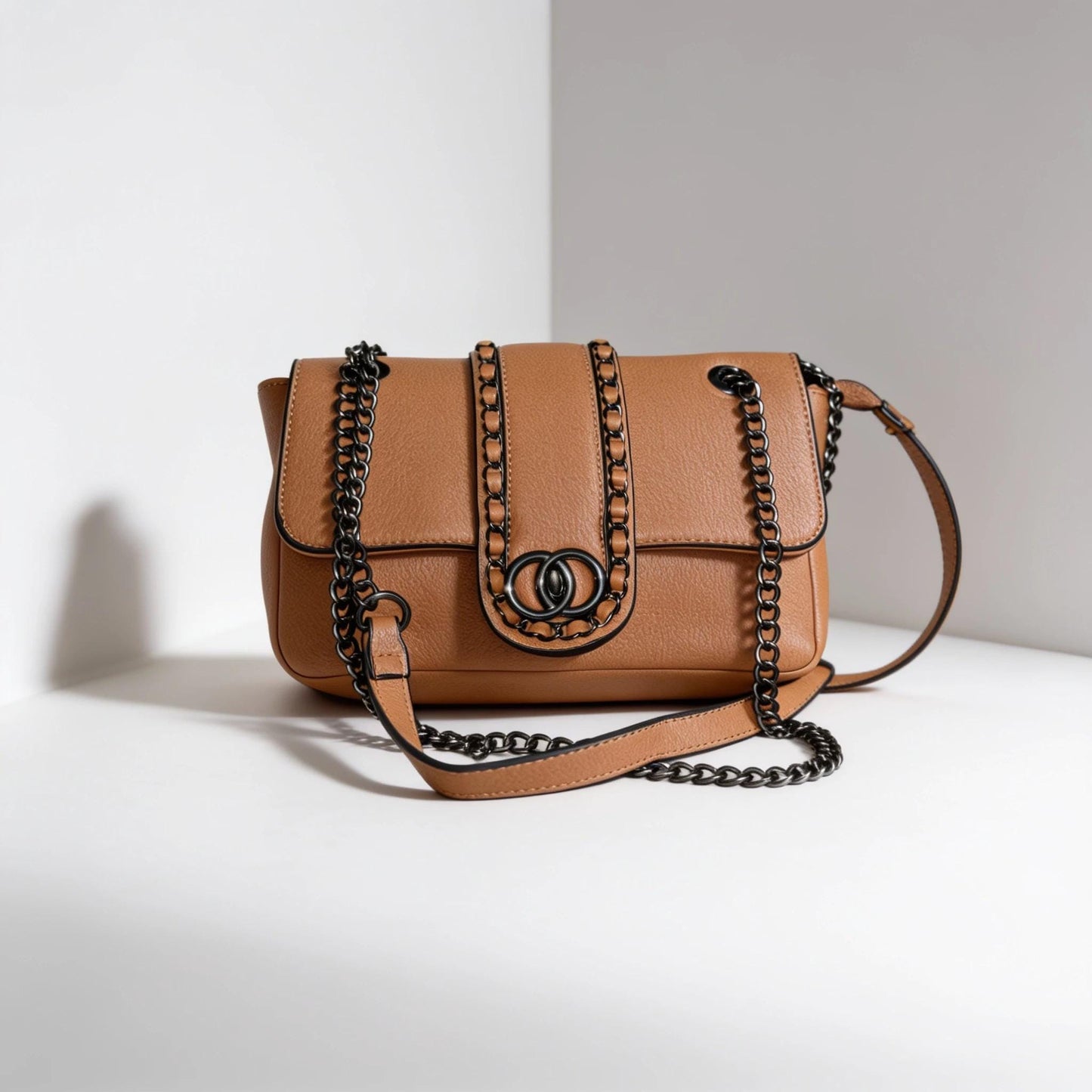 Leather Chain Shoulder Bag | Woven Chain Trim, Flap Crossbody Purse