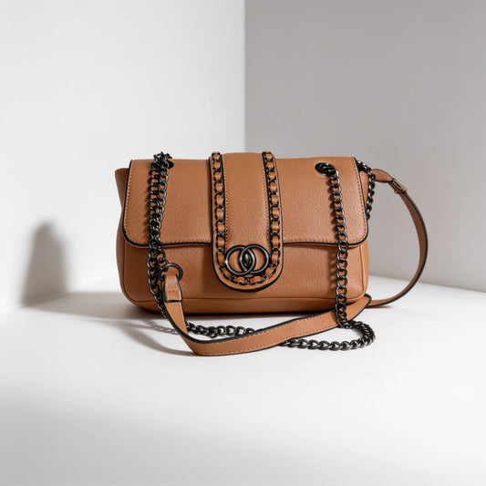 Leather Chain Shoulder Bag | Woven Chain Trim, Flap Crossbody Purse