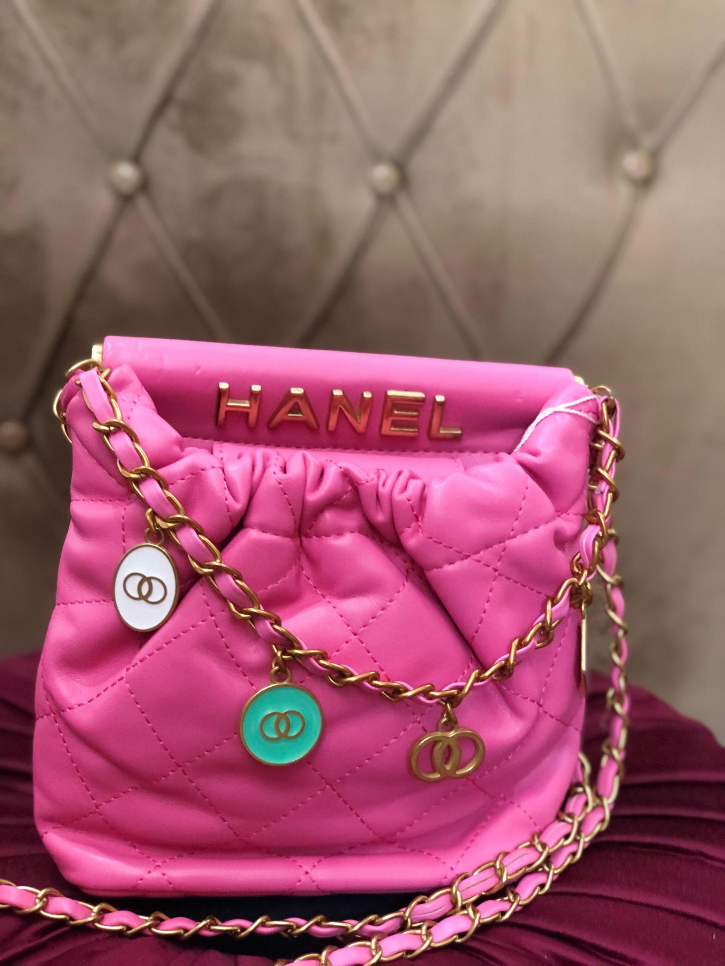 Hot Pink Quilted Faux Leather Crossbody Bag, Gold Chain Shoulder Purse