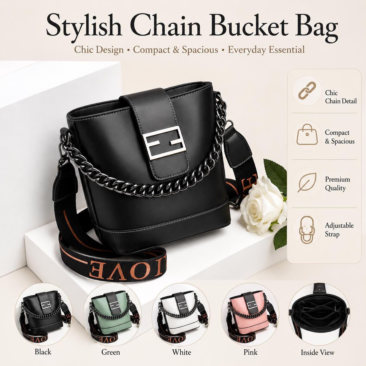 Genuine Leather Handbag | Everyday Shoulder Crossbody Bag Chic Chain Bucket Bag