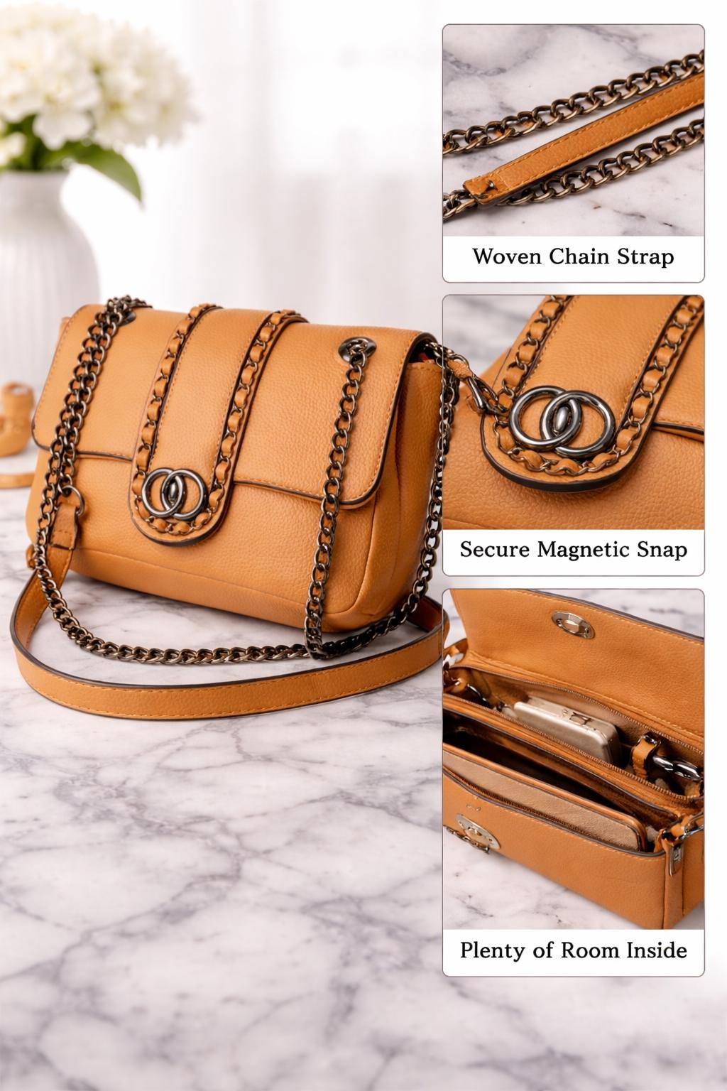 Leather Chain Shoulder Bag | Woven Chain Trim, Flap Crossbody Purse