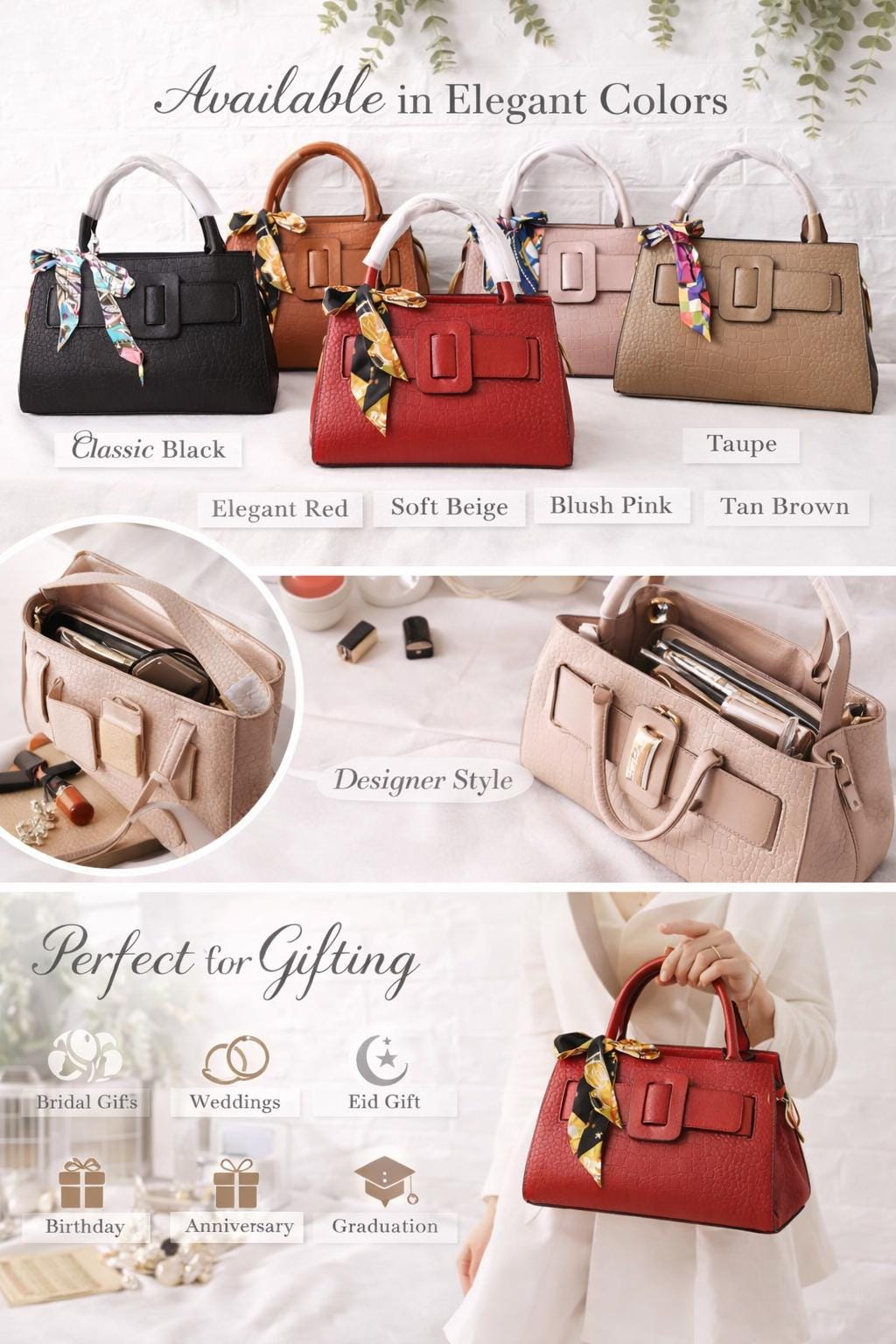 Leather Croc Embossed Top Handle Bag – Designer Chic Buckle Tote with Silk Scarf