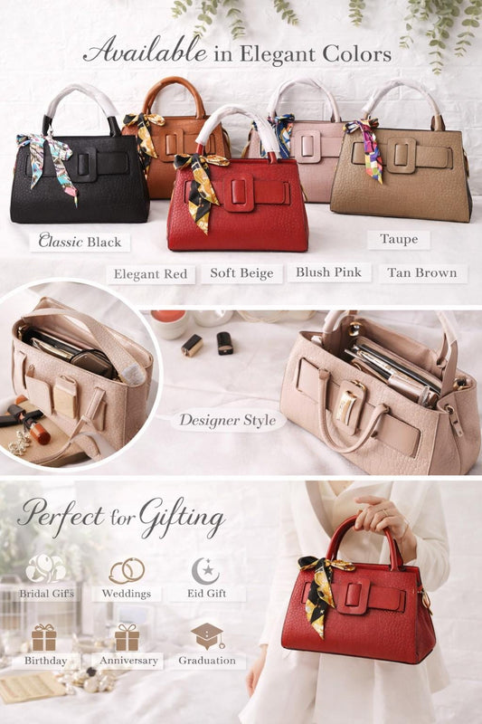 Leather Croc Embossed Top Handle Bag – Designer Chic Buckle Tote with Silk Scarf