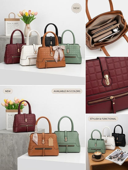 Lace & Luxe leather satchel bag with geometric textured design, gold latch crossbody purse on a neutral background.