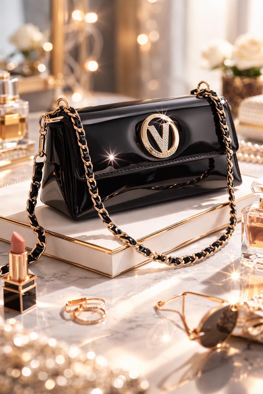 Black Patent Leather Evening Clutch, Gold Chain Crossbody, Crystal V Clasp Purse