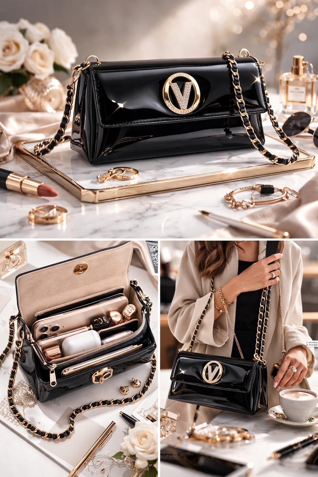 Black Patent Leather Evening Clutch, Gold Chain Crossbody, Crystal V Clasp Purse