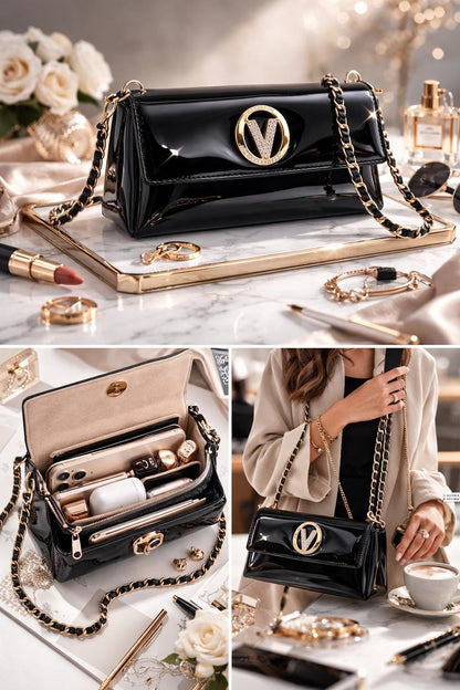 Black patent leather evening clutch with gold chain strap and crystal V clasp purse by Lace & Luxe.
