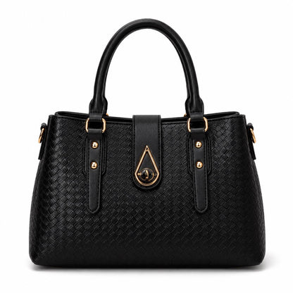 Lace & Luxe woven vegan leather satchel handbag set with wallet, top handle, and crossbody tote in natural brown tones.
