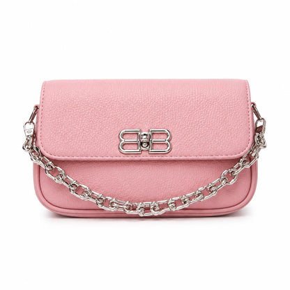 Black leather shoulder bag for women with chain strap, mini flap design, designer style evening handbag by Lace & Luxe.