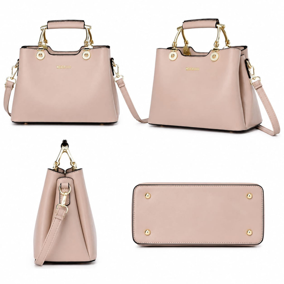 Blush pink structured satchel handbag with gold hardware and top handle, vegan leather crossbody purse for women.