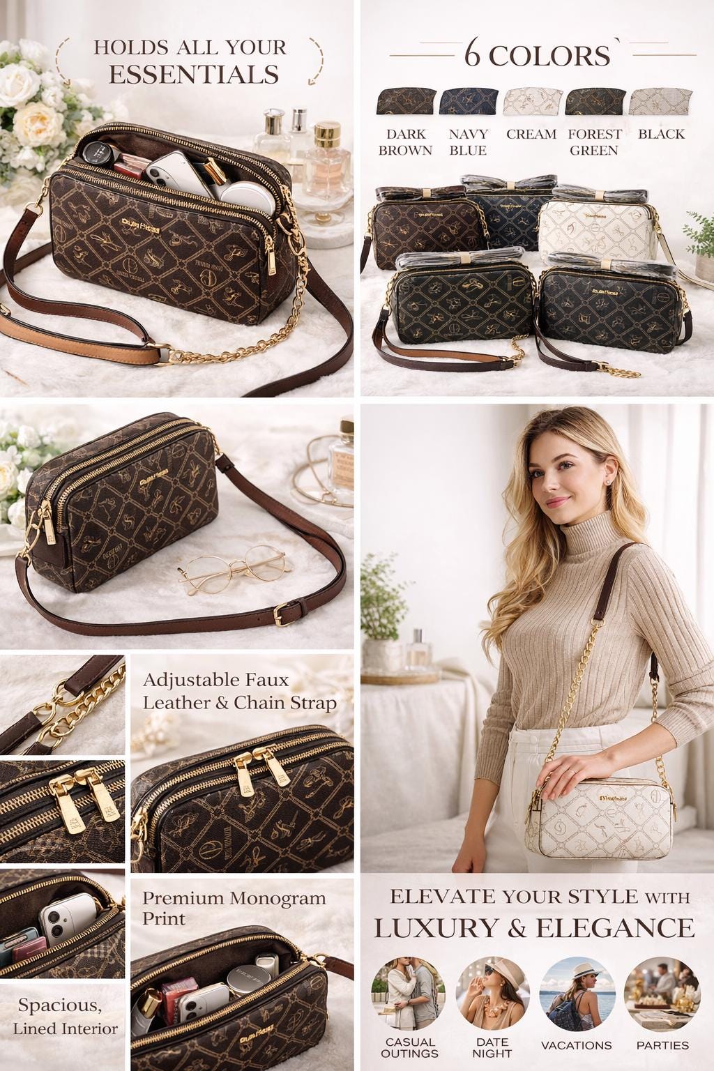 Crossbody Purse Women, Small Shoulder, Monogram Style, Everyday Luxury, Gift for Her