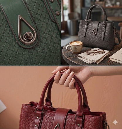 Lace & Luxe woven vegan leather satchel handbag set with wallet, featuring a top handle, crossbody strap, and tote style.