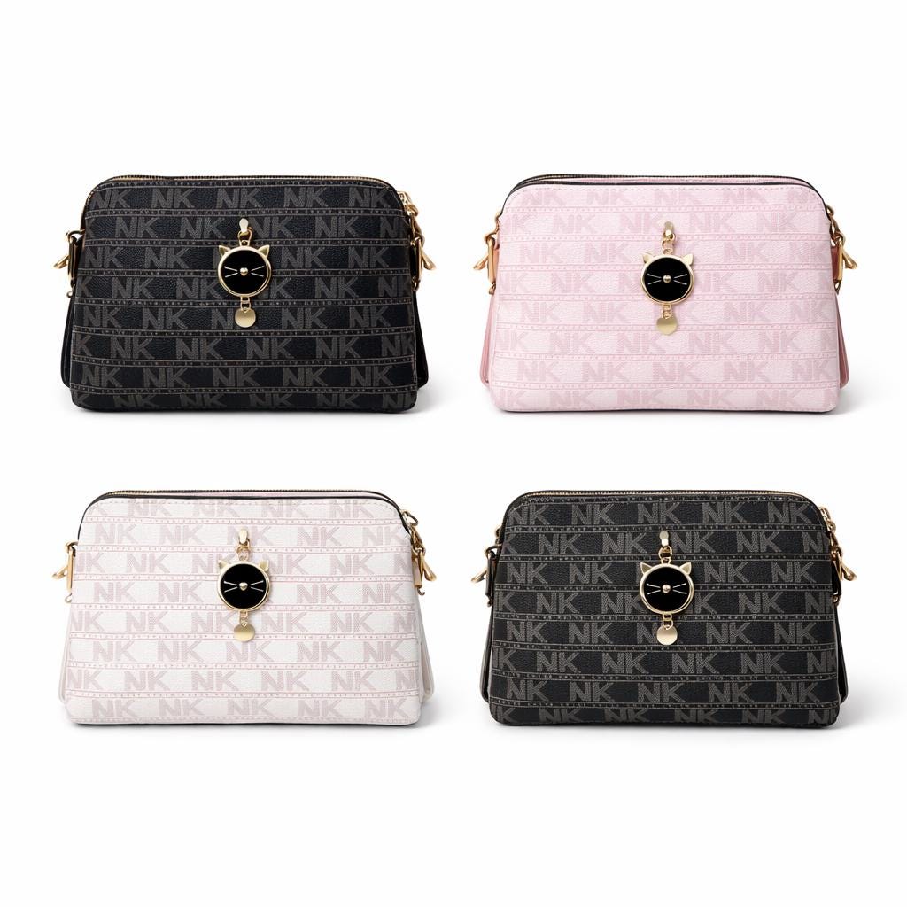 Black Monogram Crossbody Bag with Cat Charm, Small Pattern Shoulder Purse for Women