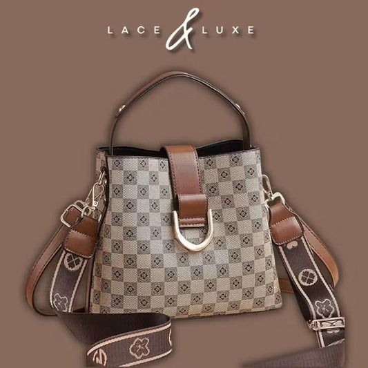 Checkered Print Bucket Handbag with Detachable Guitar Strap โ Women's Crossbody & Shoulder Bag