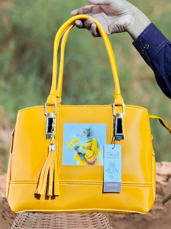 Yellow Stylish Handbag for Women – Trendy Shoulder Bag with Tassel & Floral Print