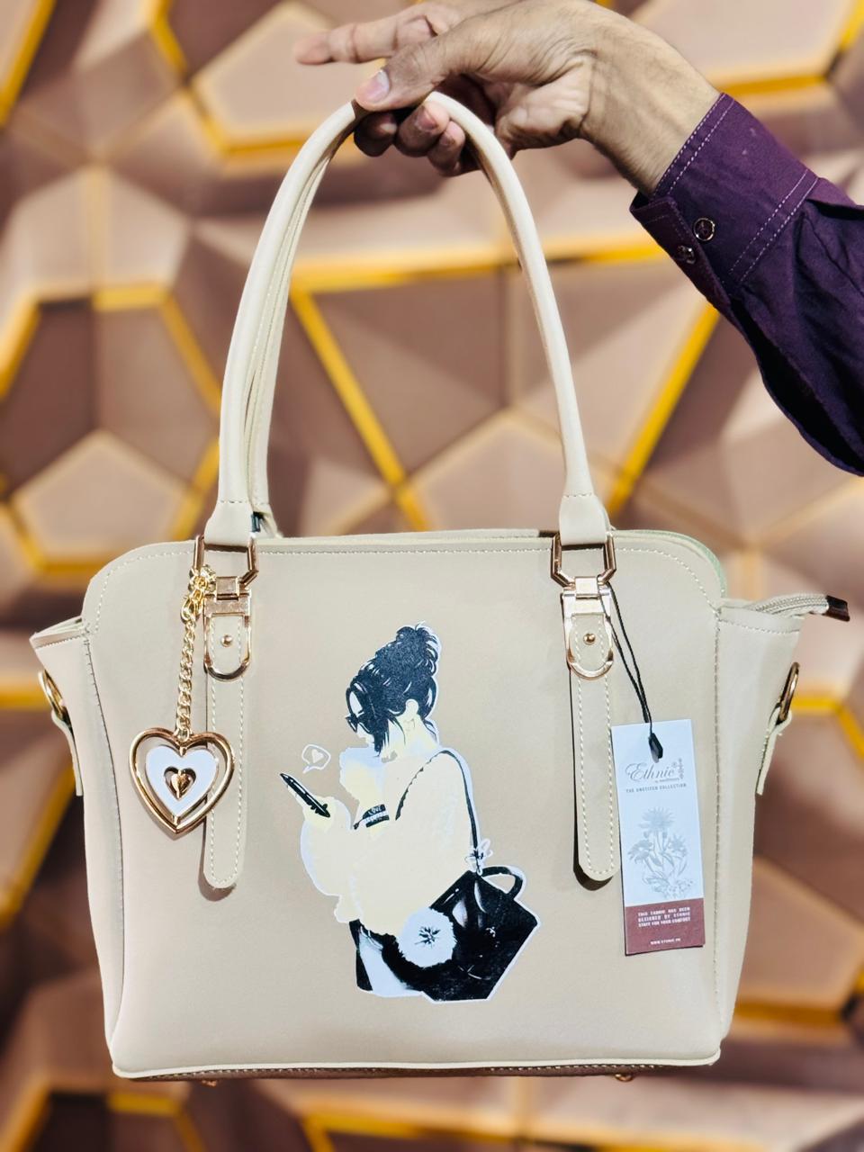 Luxury Beige Top Handle Handbag with Stylish Girl Print & Heart Charm – Everyday Shoulder Bag