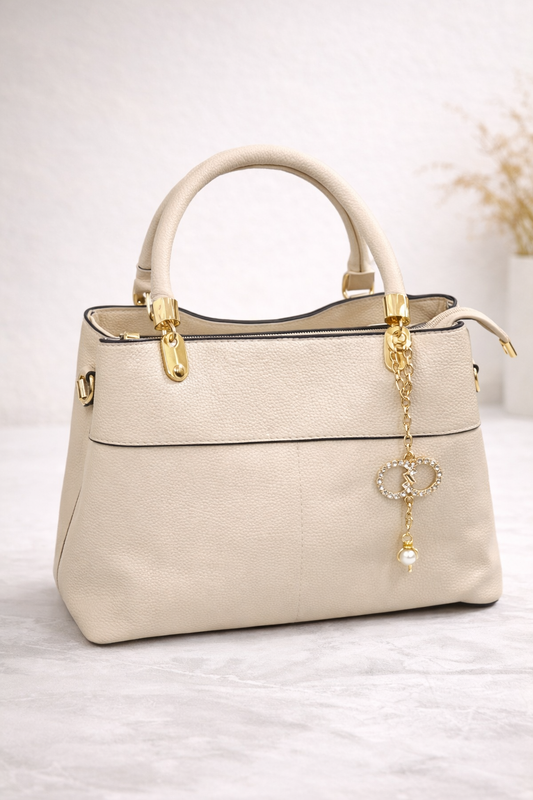 Elegant Faux Leather Top Handle Bag | Gold Charm Detail - Lace & Luxe