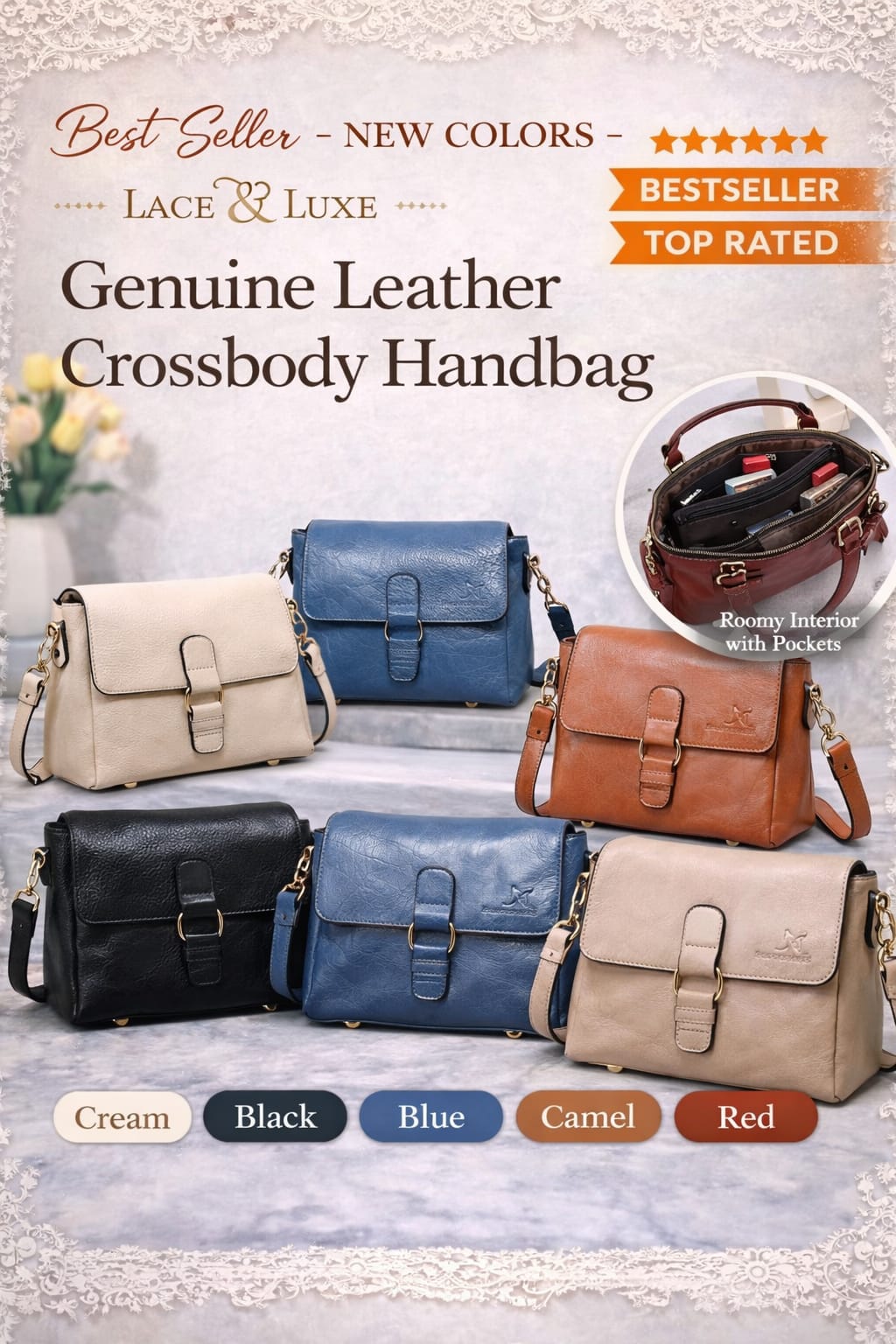 Women’s Vegan Leather Crossbody Purse – Stylish Adjustable Strap Handbag - Lace & Luxe