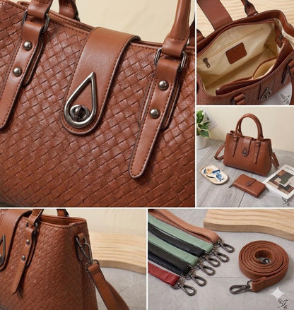 Lace & Luxe woven vegan leather satchel handbag set with wallet, top handle crossbody tote in neutral tones, stylish and versatile.