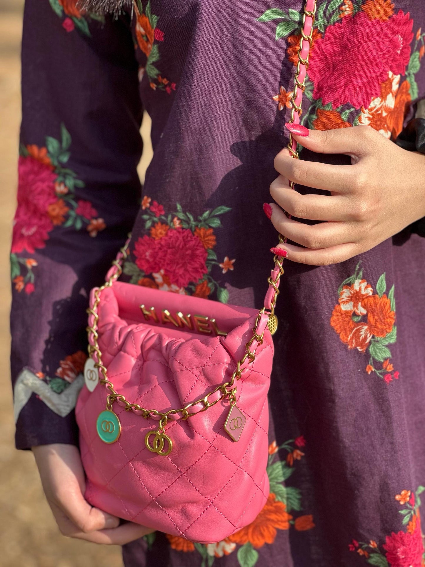 Hot Pink Quilted Faux Leather Crossbody Bag, Gold Chain Shoulder Purse