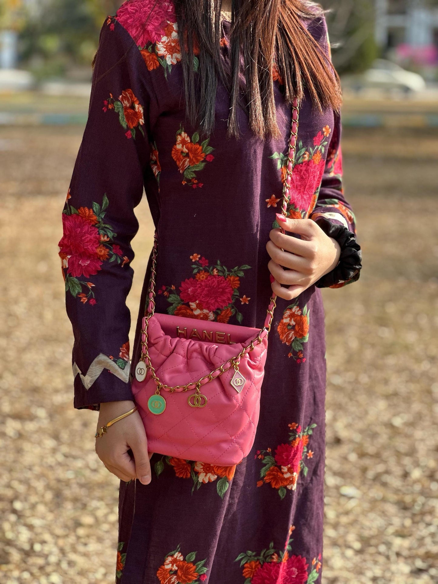 Hot Pink Quilted Faux Leather Crossbody Bag, Gold Chain Shoulder Purse