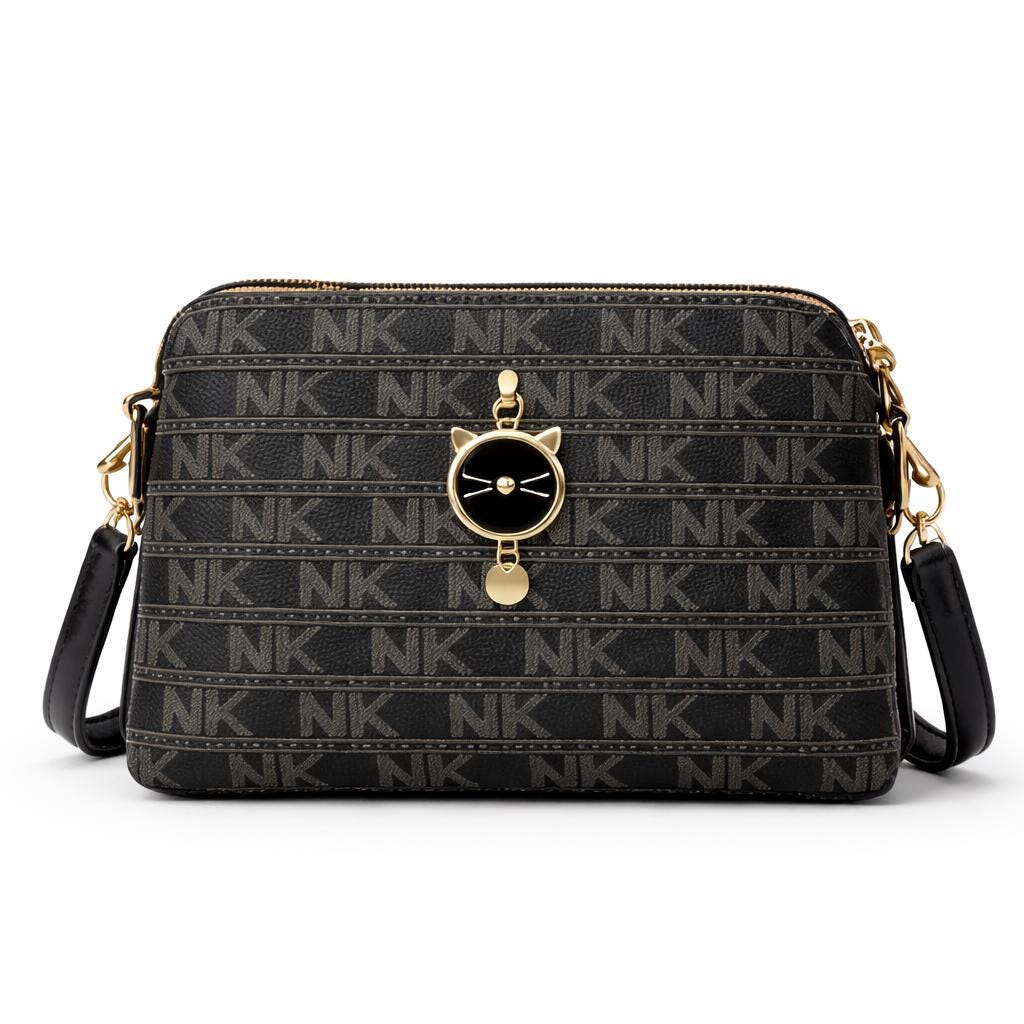 Black Monogram Crossbody Bag with Cat Charm, Small Pattern Shoulder Purse for Women