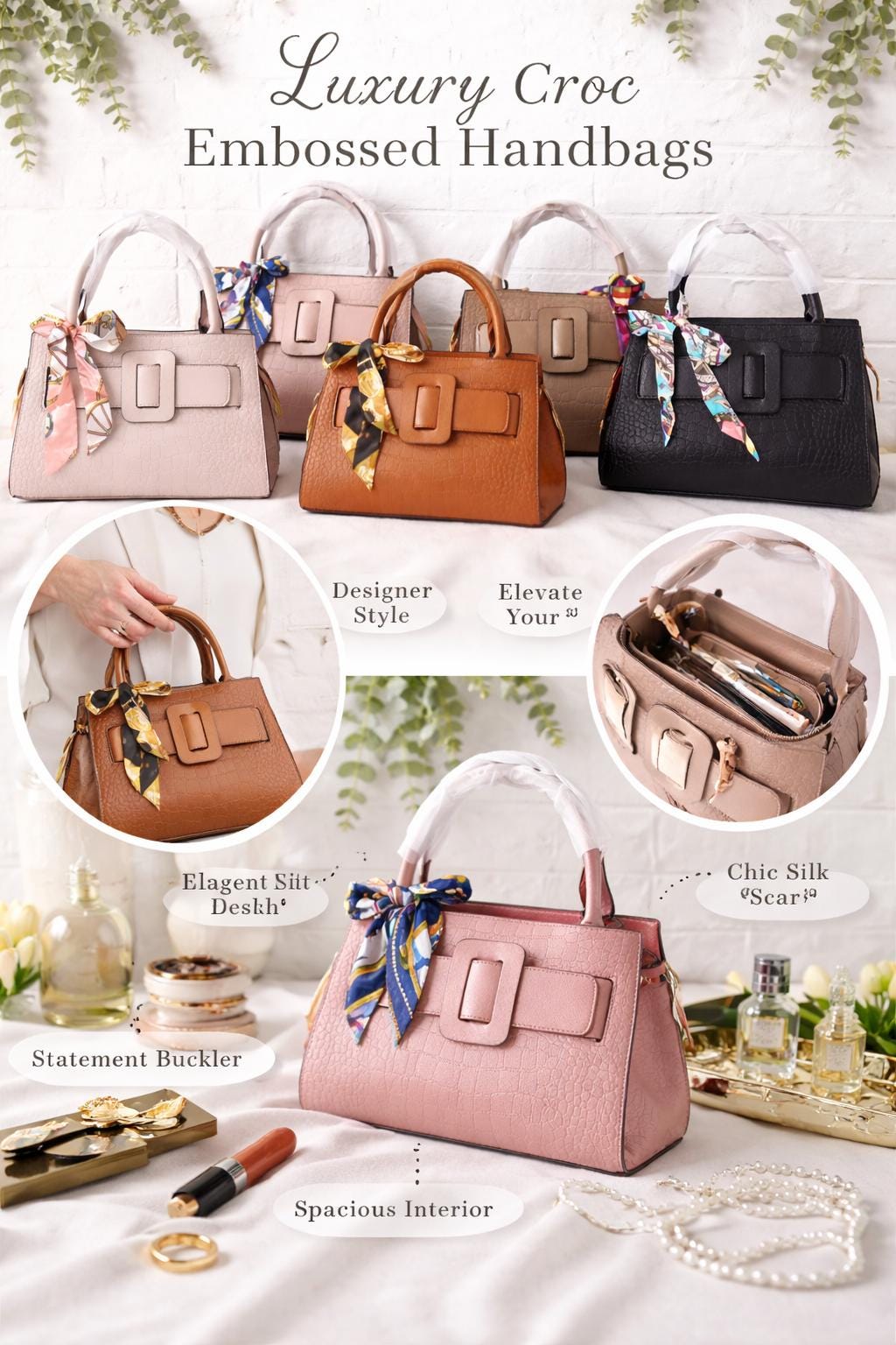 Leather Croc Embossed Top Handle Bag – Designer Chic Buckle Tote with Silk Scarf