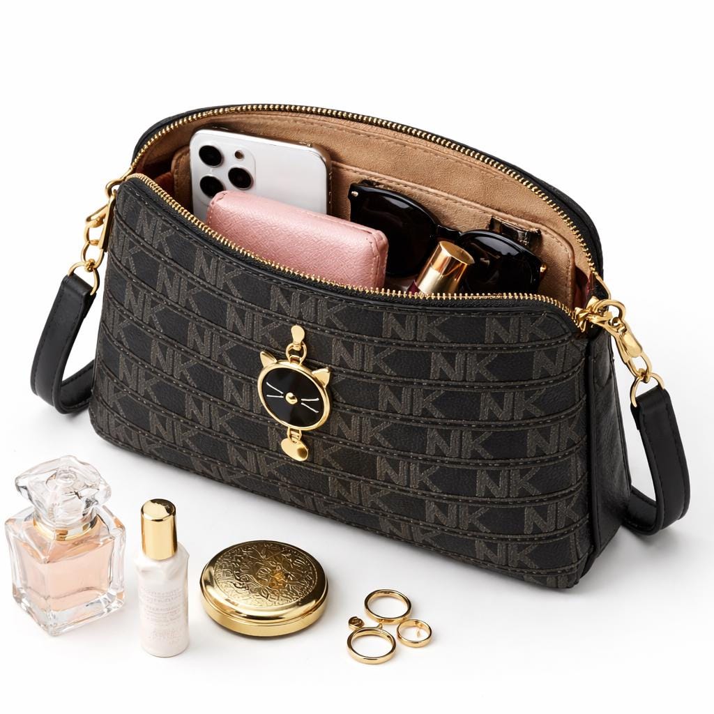 Black Monogram Crossbody Bag with Cat Charm, Small Pattern Shoulder Purse for Women