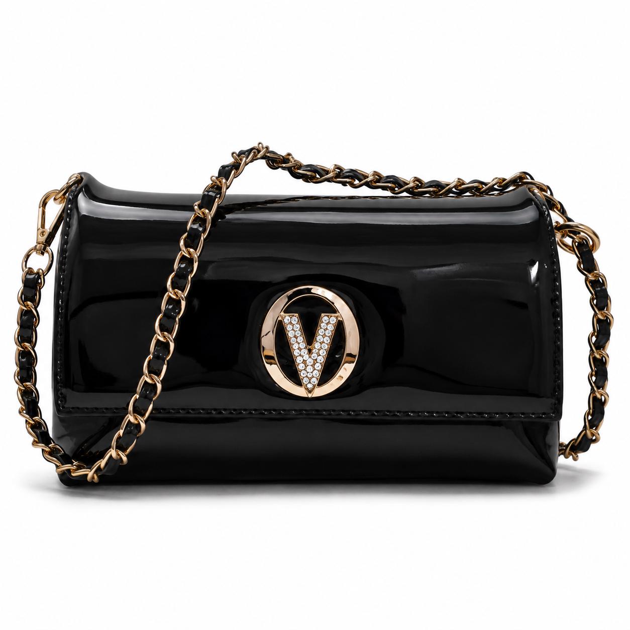 Black Patent Leather Evening Clutch, Gold Chain Crossbody, Crystal V Clasp Purse