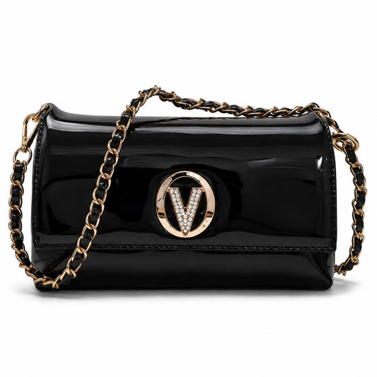 Black Patent Leather Evening Clutch, Gold Chain Crossbody, Crystal V Clasp Purse