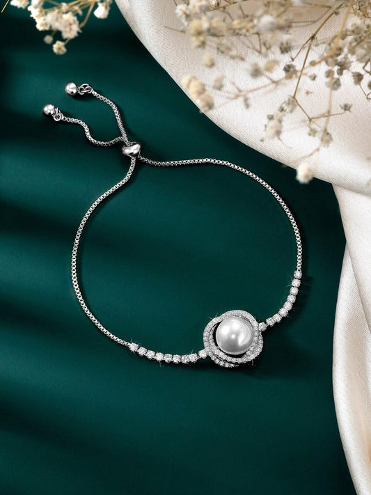 Luxury Pearl & Zircon Adjustable Bracelet – Elegant Silver-Tone Jewelry for Women