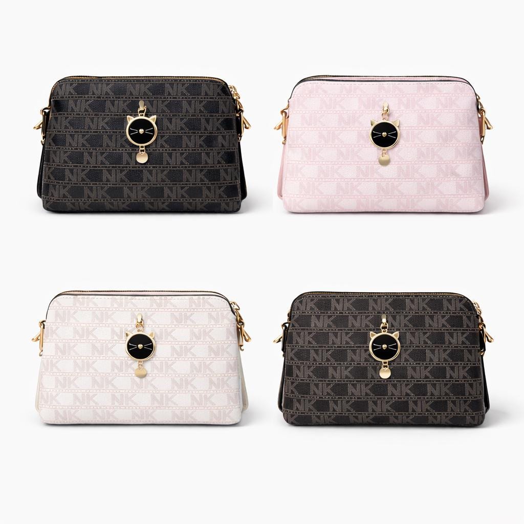 Black Monogram Crossbody Bag with Cat Charm, Small Pattern Shoulder Purse for Women