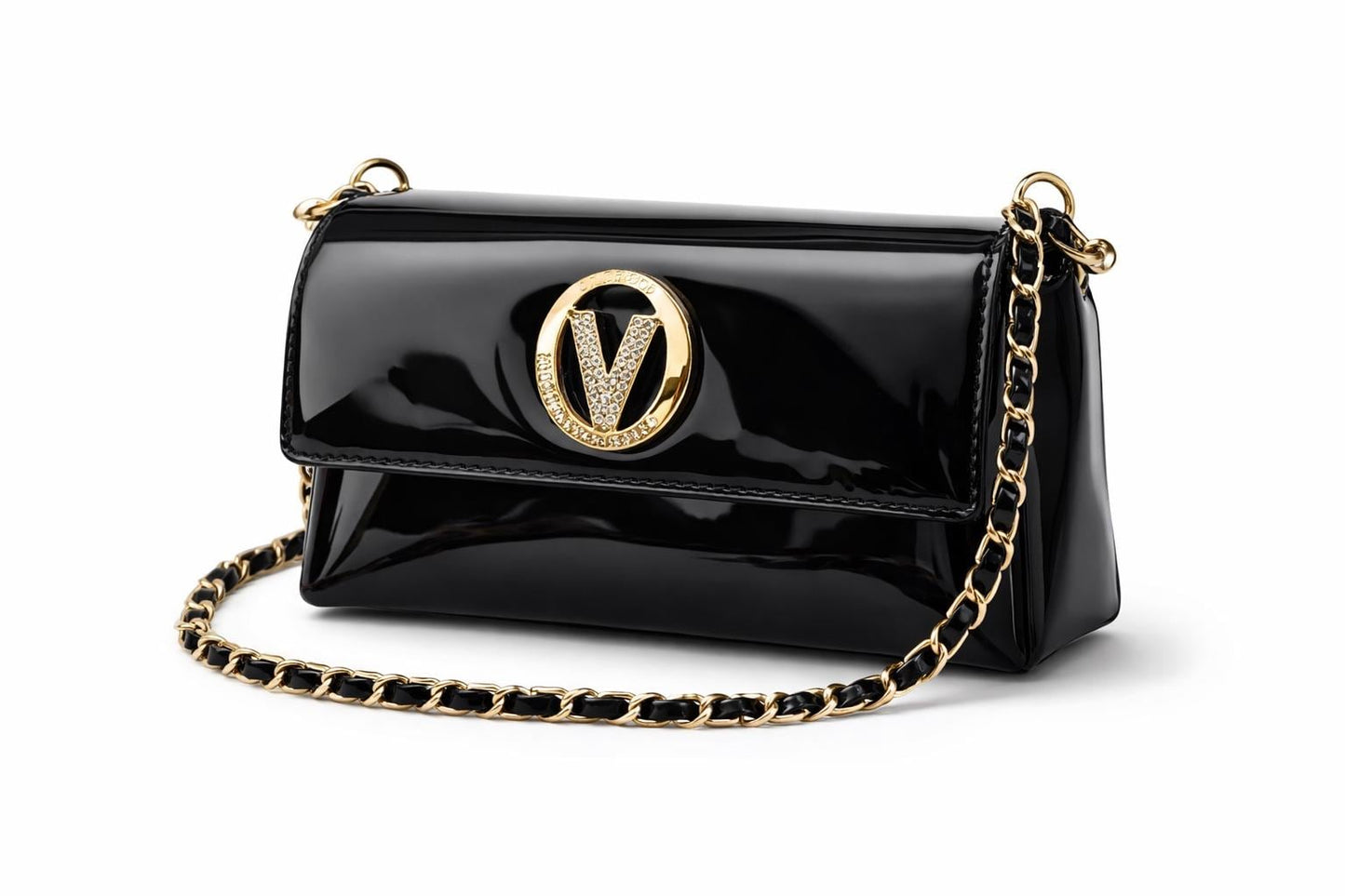 Black Patent Leather Evening Clutch, Gold Chain Crossbody, Crystal V Clasp Purse