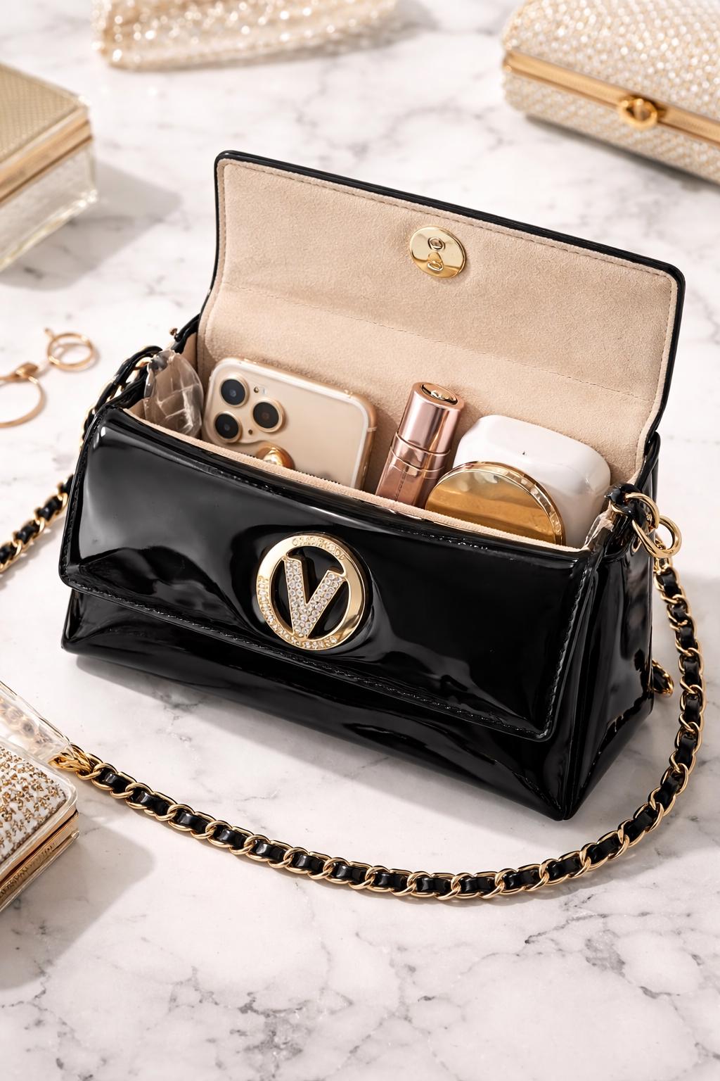 Black Patent Leather Evening Clutch, Gold Chain Crossbody, Crystal V Clasp Purse