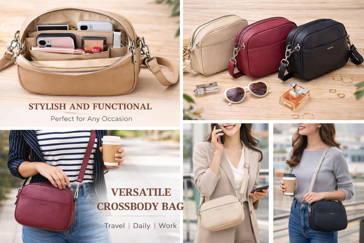 Crossbody Bag, Multi Compartment Shoulder Purse, Everyday Travel Handbag