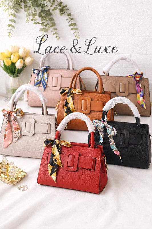 Leather Croc Embossed Top Handle Bag – Designer Chic Buckle Tote with Silk Scarf